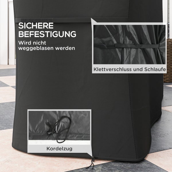 Detailansicht einer Schutzhülle mit sicherer Befestigung durch Klettverschluss, Schlaufe und Kordelzug.