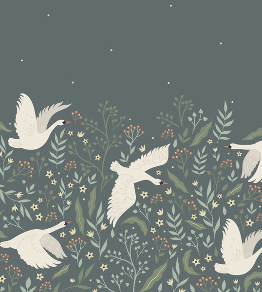 Illustration von Schwänen im Flug mit floralen Elementen.