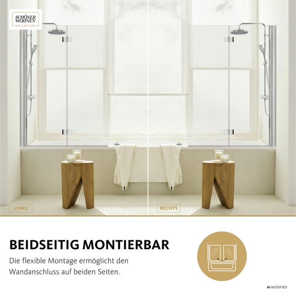Duschwand für Badewanne aus Glas mit Duscharmatur, beidseitig montierbar, Schöner Wohnen Kollektion Logo, Montagebeispiel für links und rechts.