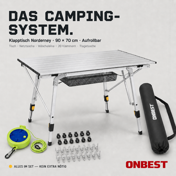 ONBEST Camping-Set: aufrollbarer Klapptisch Norderney 90 mal 70 Zentimeter, Netztasche, Wäscheleine, 20 Klammern, Tasche und ONBEST Logo.