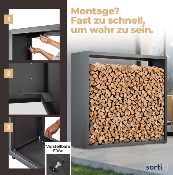 Metall-Brennholzregal mit Montageanleitung in drei Schritten, verstellbaren Füßen und gestapeltem Holz. SortiQ Logo.