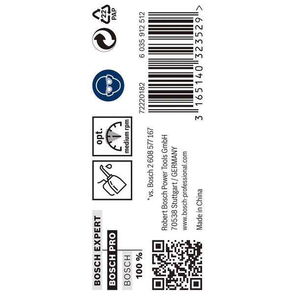 Informationen zum Bosch Expert Produkt, inklusive Papierverpackungshinweis, Augenschutzsymbol, Drehzahleinstellung, Ölungssymbol, Barcode, Firmenadresse, Herkunftsland und QR-Code.