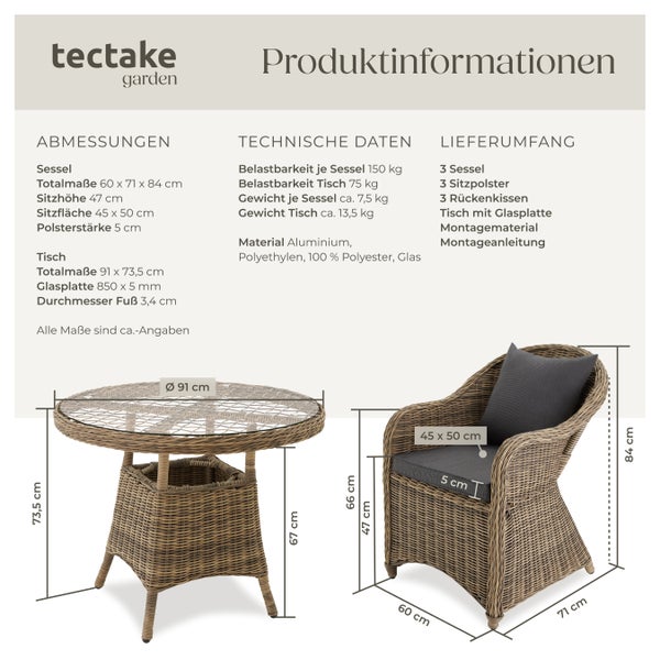 Rattan Sitzgruppe tectake Zürich Stühle vormontiert mit Aluminiumgestell natur