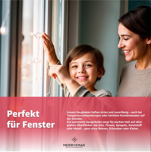 Mutter und Kind befestigen Lichterkette mit Saugnäpfen am Fenster