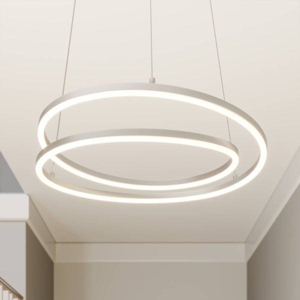 Moderne LED-Pendelleuchte mit zwei ineinandergreifenden leuchtenden Ringen, von der Decke hängend.