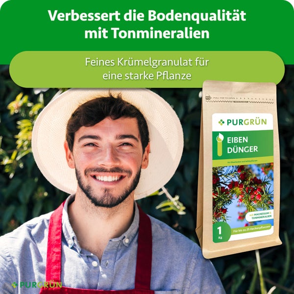Ein Mann mit Hut lächelt neben einer Packung Purgrün Eibendünger mit Magnesium und Tonmineralien für gesunde Heckenpflanzen.