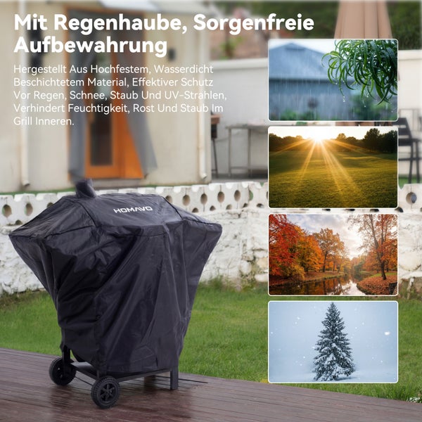 Schwarze Grillabdeckung von Homavo schützt vor Regen, Schnee, Staub und UV-Strahlen.