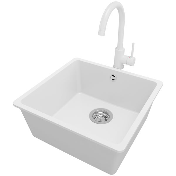 PRIMAGRAN Granitspüle Weiß 46x44cm, Spülbecken 1 Becken + Küchenarmatur 32x20cm + Ablauf-Set, Küchenspüle ab 50er Unterschrank - Venedig Slim Easy