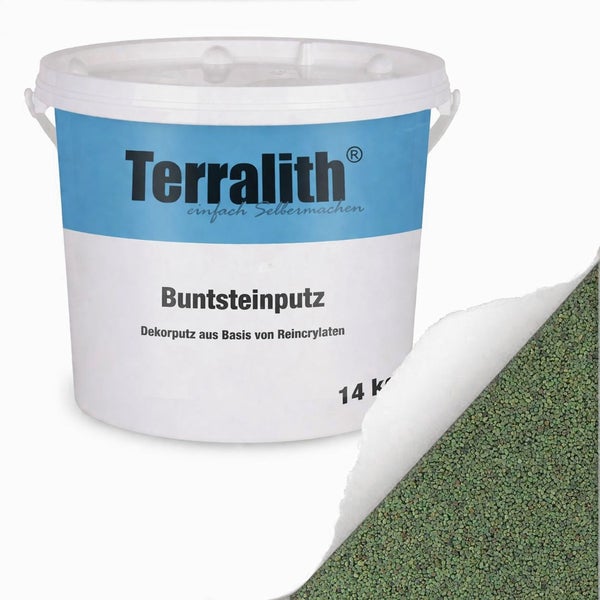 Terralith Buntsteinputz 14 Kilogramm, Dekorputz auf Reinacrylatbasis, Strukturprobe in Grün.