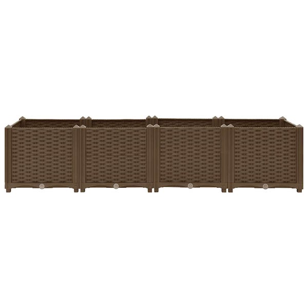 Braunes, viergeteiltes Hochbeet aus Kunststoff in Rattanoptik.