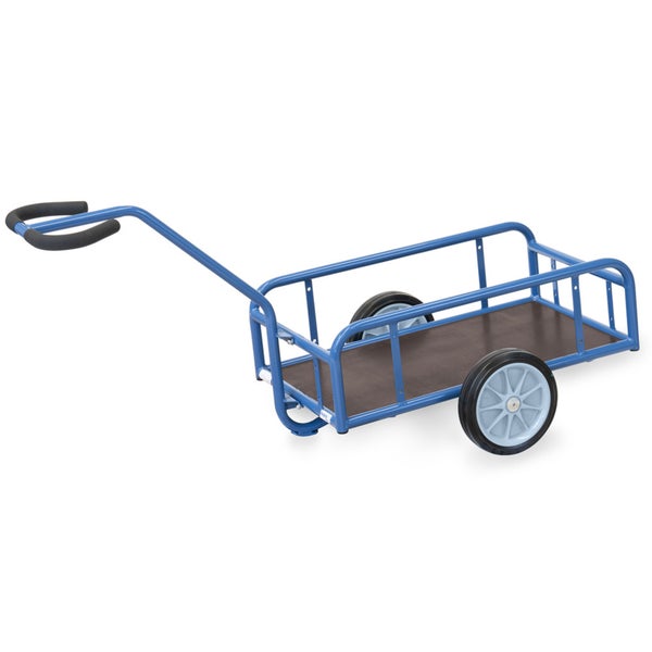 Bollerwagen mit blauem Stahlrahmen, Holzboden und langem Griff für den Transport.