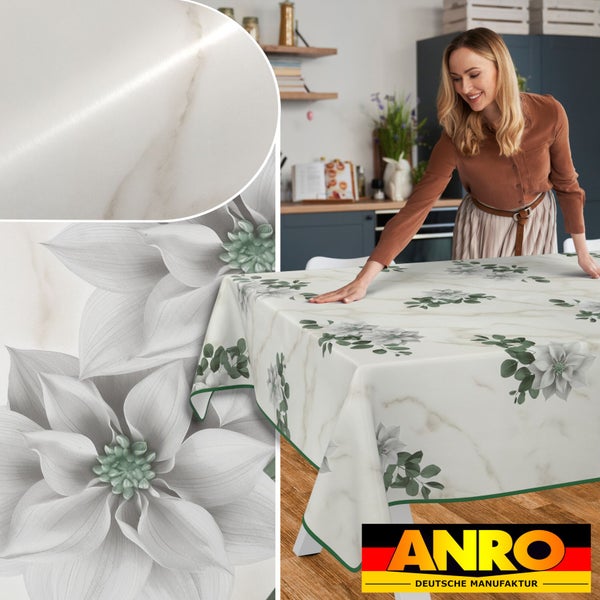 Tischdecke mit Blumenmuster und Marmoroptik auf einem Tisch, ANRO Logo.