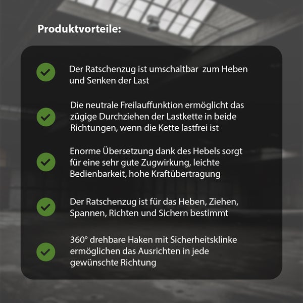 Infografik mit Produktvorteilen eines Ratschenzugs wie Heben, Senken, Freilauf, hohe Kraftübertragung und 360 Grad drehbare Haken.