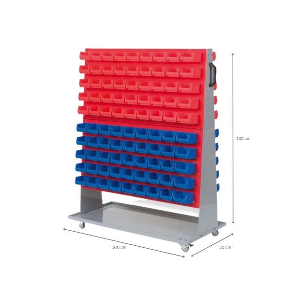 PROREGAL ProfiDrop Systemwagen auf Rollen mit Roten Systemplatten und 180 x Rote und Blaue Sichtlagerbox 1.0 HxBxT 130 x 100 x 50 cm