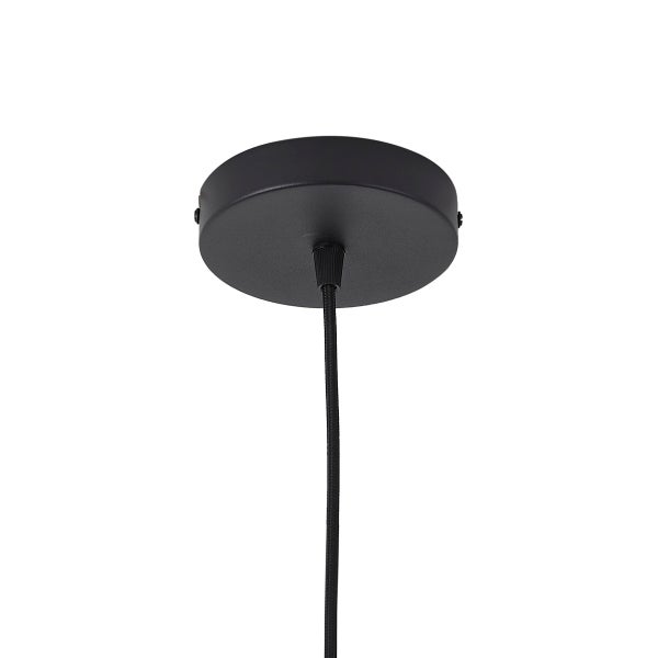 Runder Deckenbaldachin aus Metall in Schwarz mit schwarzem Textilkabel.