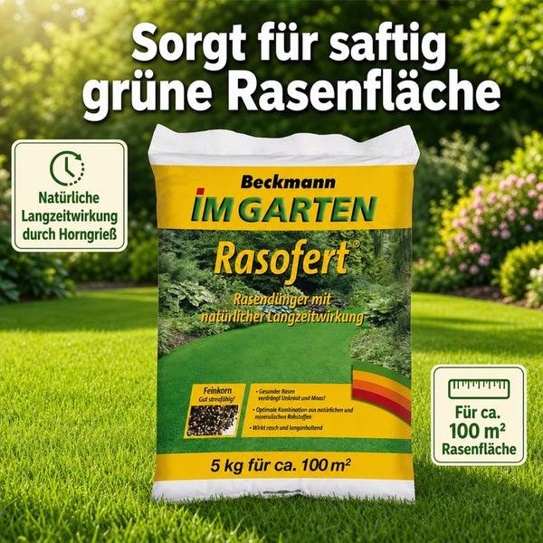 Sack Beckmann Rasofert Rasendünger mit natürlicher Langzeitwirkung für 100 Quadratmeter Rasenfläche vor einem grünen Gartenhintergrund.
