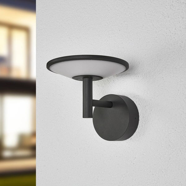 Moderne Außenwandleuchte in Schwarz mit tellerförmigem Schirm und weißem Diffusor an einer verputzten Wand.