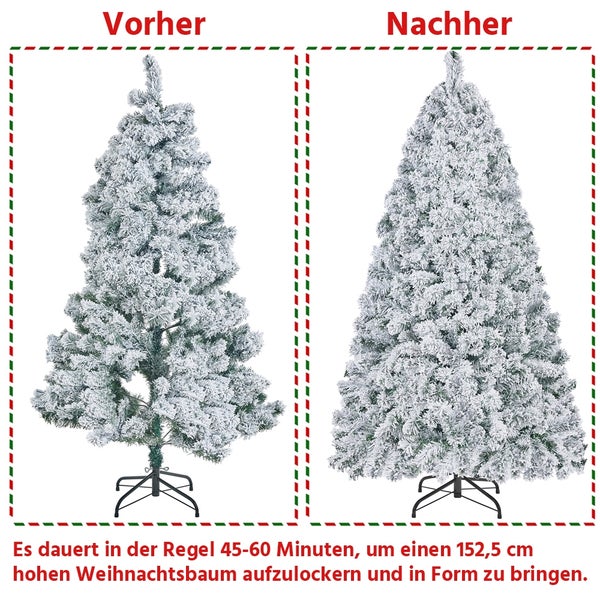 Vorher und Nachher Ansicht eines schneebedeckten, 152,5 Zentimeter hohen Weihnachtsbaums.