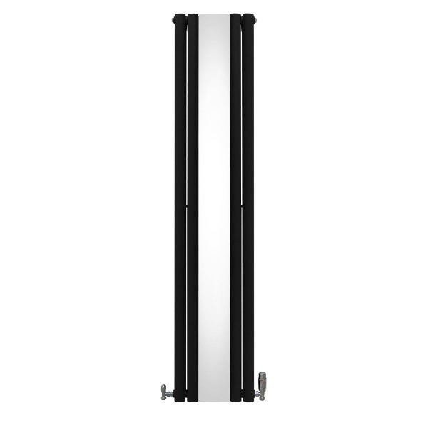 Oval Röhrenheizkörper mit Spiegel & Chrom Thermostatventile - 1800mm x 380mm – Schwarz