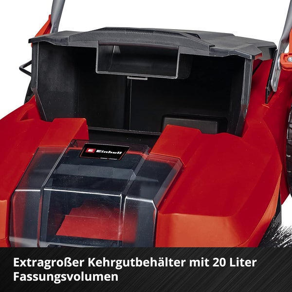 Einhell Handkehrmaschine mit einem 20 Liter Fassungsvolumen fassenden Kehrgutbehälter für die einfache Gartenreinigung.