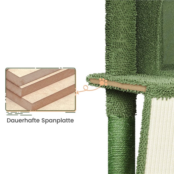 Detailansicht einer robusten Spanplatte eines Kratzbaums