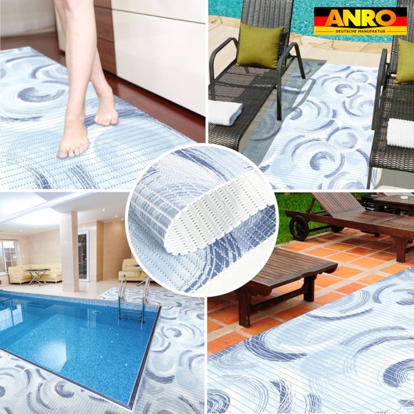 Badläufer und Outdoor-Teppich mit blau-weißem Wirbelmuster, rutschfeste Weichschaummatte für Badezimmer, Pool und Terrasse. ANRO Logo.
