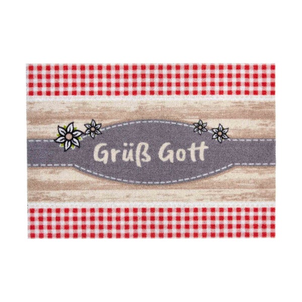 Fußmatte mit dem Schriftzug Grüß Gott und rot-weiß kariertem Muster