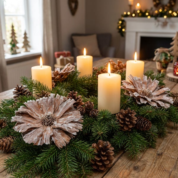 Adventskranz mit vier brennenden Stumpenkerzen, dekoriert mit Tannengrün, Zapfen und künstlichen Blüten auf einem Holztisch.
