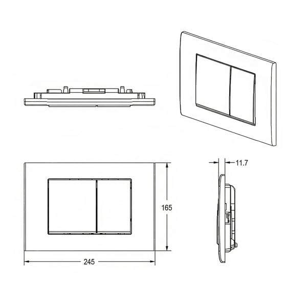 Technische Zeichnung einer Betätigungsplatte mit zwei Tasten, Maße 245 x 165 mm