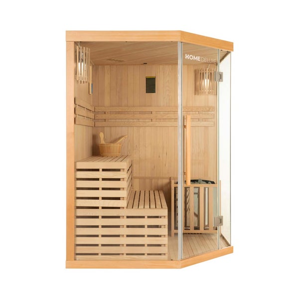 Home Deluxe - Traditionelle Sauna - SKYLINE XL - 150 x 150 x 200 cm - für 2 - 3 Personen, Hemlocktanne, inkl. Saunaofen, Saunazubehör I Dampfsauna Aufgusssauna Finnische Sauna Bio Sauna