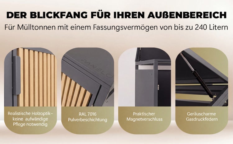 Details einer Mülltonnenbox für 240 Liter Tonnen mit Panelo Logo, Holzoptik, RAL 7016 Pulverbeschichtung, Magnetverschluss und Gasdruckfedern.