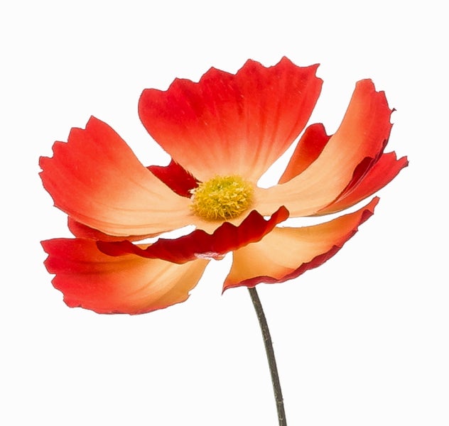 Künstliche Mohnblume mit rot-orangen Blütenblättern und gelber Mitte auf einem Stiel.