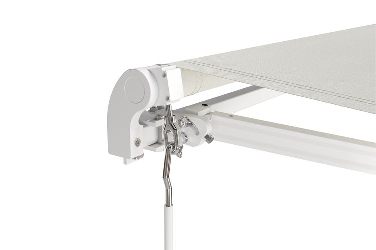 Detailansicht des Mechanismus einer Gelenkarmmarkise mit Kurbelöse.