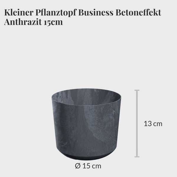 Kleiner anthrazitfarbener Pflanztopf mit Betoneffekt und einem Durchmesser von 15 cm.