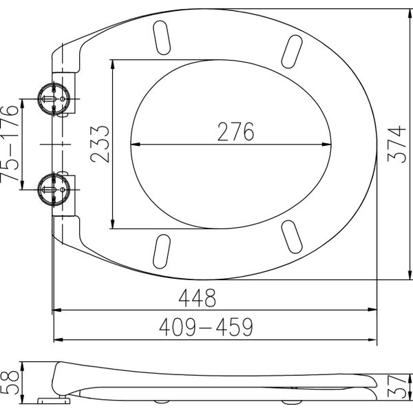 Technische Zeichnung eines WC-Sitzes mit Maßangaben