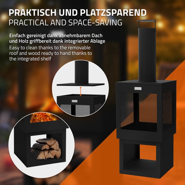 Schwarzer Gartenkamin aus Metall mit abnehmbarem Dach und integriertem Holzfach.