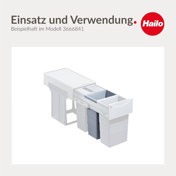 Hailo Einbau-Mülltrennsystem Modell 3666841 Anwendungsbeispiel im Küchenunterschrank mit ausziehbaren Abfallbehältern. Hailo Logo.