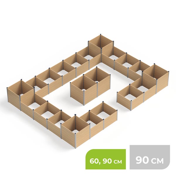Modulares Hochbeet-System aus hellen Holzpaneelen und Metallpfosten in den Größen 60 und 90 Zentimeter.