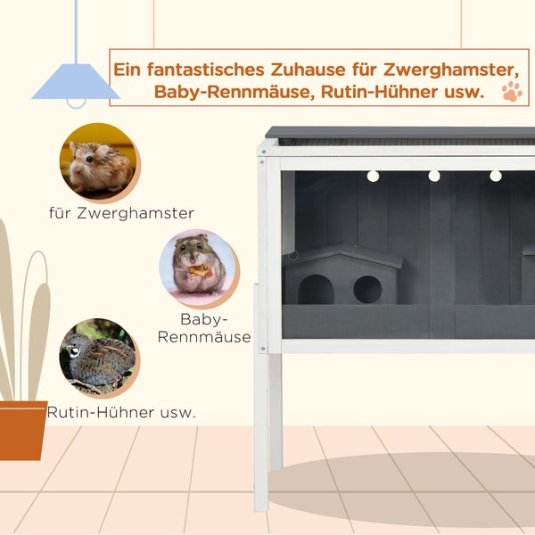 PawHut Hamsterkäfig aus Holz für Zwerghamster Nagerkäfig Kleintierkäfig mit 2 Hütten und Zubehör, groß Mäusekäfig Käfig 82 x 45 x 81 cm Grau