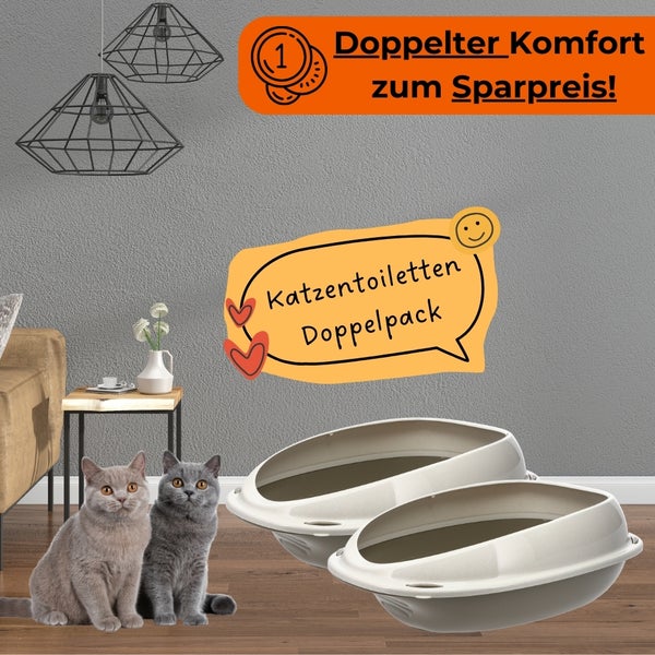 Zwei Katzentoiletten im Doppelpack vor zwei Katzen