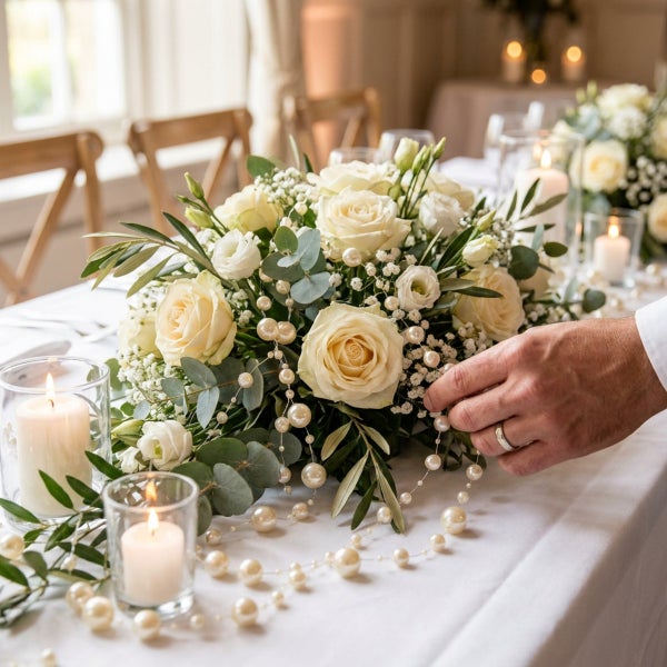 Festliche Tischdekoration mit Blumenarrangement aus Rosen und Schleierkraut, Perlenkette und brennenden Kerzen in Glaswindlichtern für Feiern.