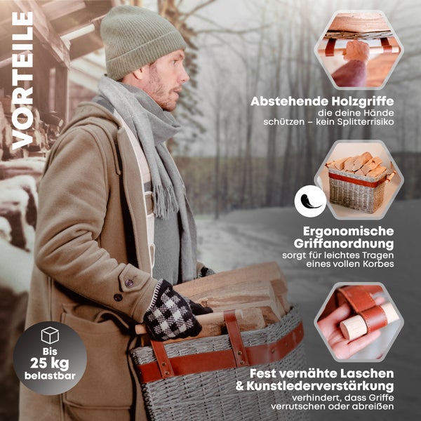 OAKAGE® WillowWrap Holzkorb Weide - mit ausreißsicheren Holzgriffen - 50x40x35cm
