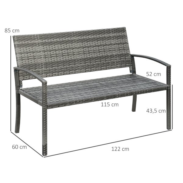 Outsunny Gartenbank, Sitzbank in Rattanoptik, für 2 Personen, bis 320 kg Belastbar, 122 x 60 x 85cm, PE Polyrattan, Stahl, Grau