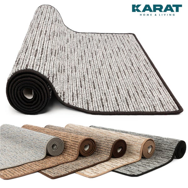 Läufer mit gestreiftem Rippenmuster von Karat Home & Living, teilweise aufgerollt, in verschiedenen Ausführungen. Karat Home & Living Logo.