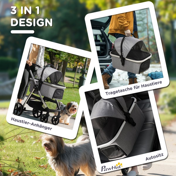 PawHut Hundewagen, 3 in 1 Hundebuggy, Autositz, Transporttasche, Katzenbuggy mit Kissen bis 15 kg, faltbarer Katzenwagen für kleine Hunde mit Bremsen, Netzfenster, Sicherheitsleinen, Hellgrau