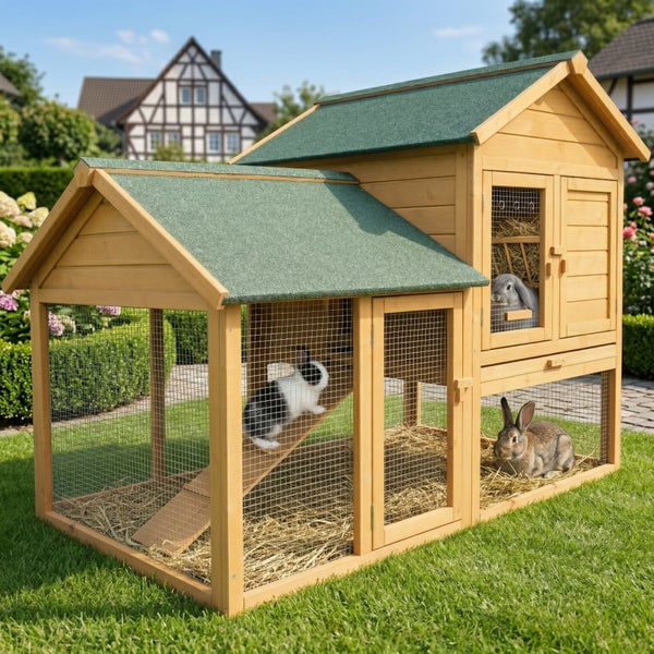 Zweistöckiger Kaninchenstall aus Holz mit grünem Bitumendach und Drahtgitter auf einer Rasenfläche im Garten. Mit Rampe und Heu.
