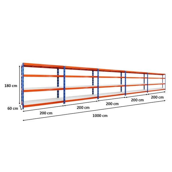 PROREGAL Mega Deal 5x Profi Schwerlastregal Rhino HxBxT 180 x 200 x 60 cm 4 Melamin-Ebenen 16mm Fachlast 500 kg Blau-Orange
