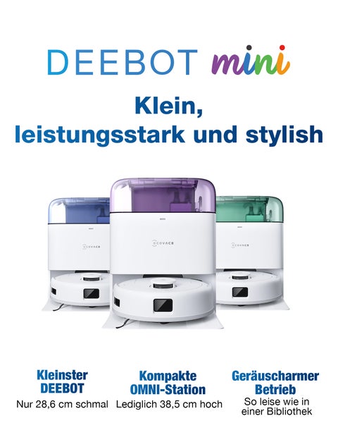 Drei Ecovacs Deebot Mini Saugroboter mit Ladestation