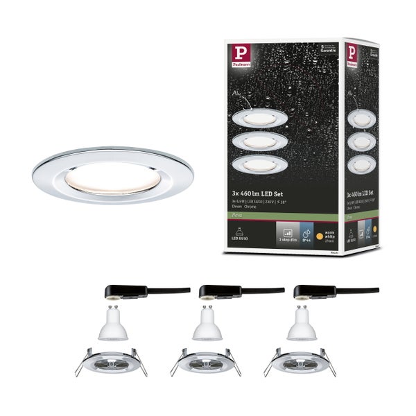 Set mit drei LED Einbaustrahlern inklusive technischer Zeichnung und Maßen sowie 5 Jahren Garantie.