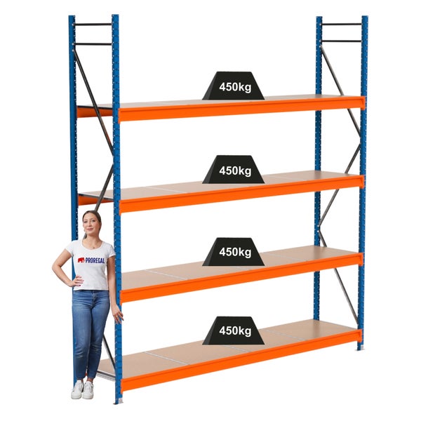 Lagerregal mit vier Regalböden und einer Traglast von 450 Kilogramm pro Regalboden.